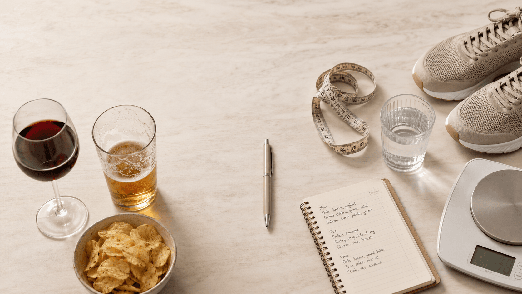 A stylish editorial image of a social setting with drinks on a bar, creating visual tension between social drinking and body composition goals
