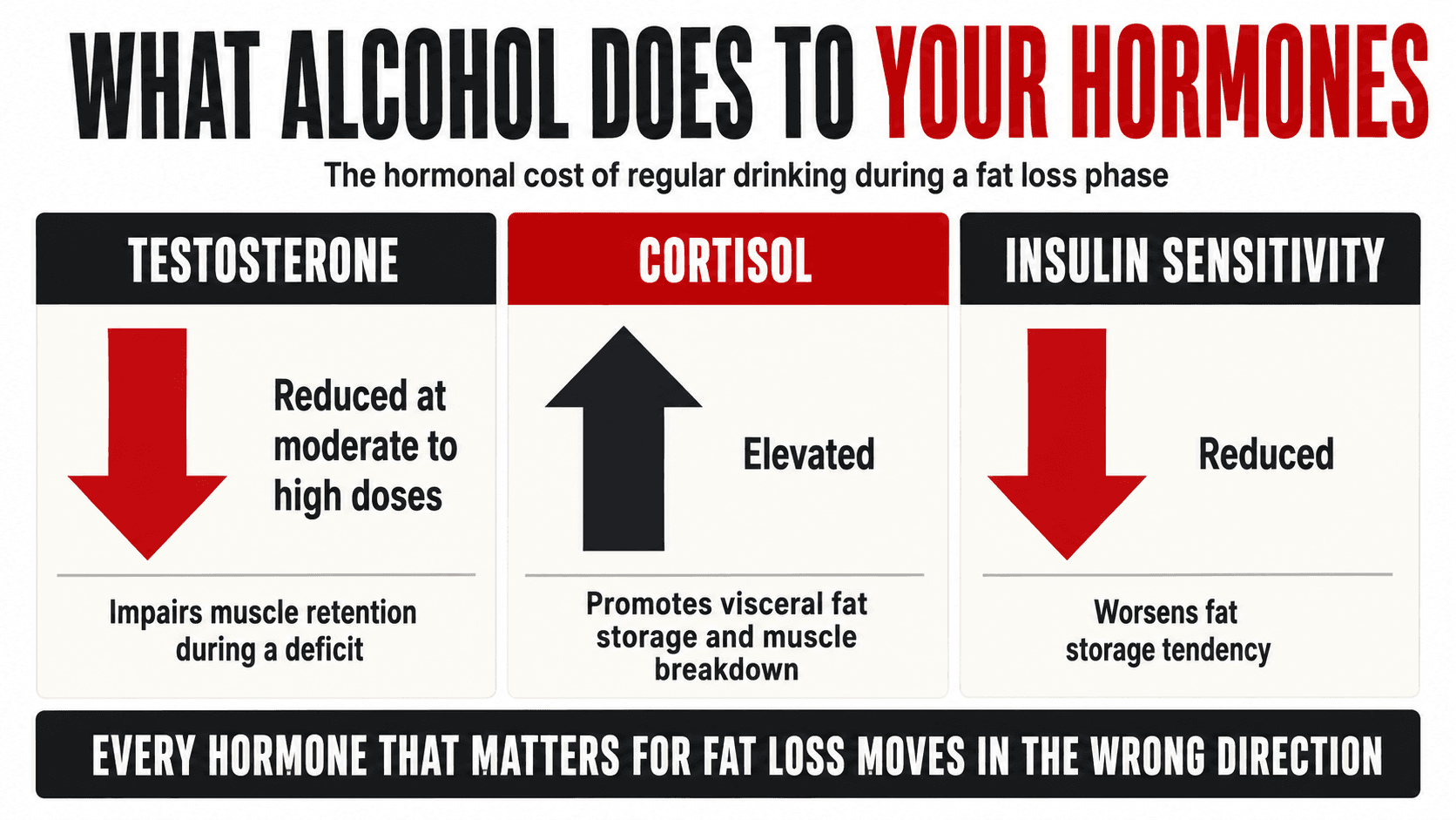 Diagram of the hormonal impact of alcohol on testosterone, cortisol, and body composition