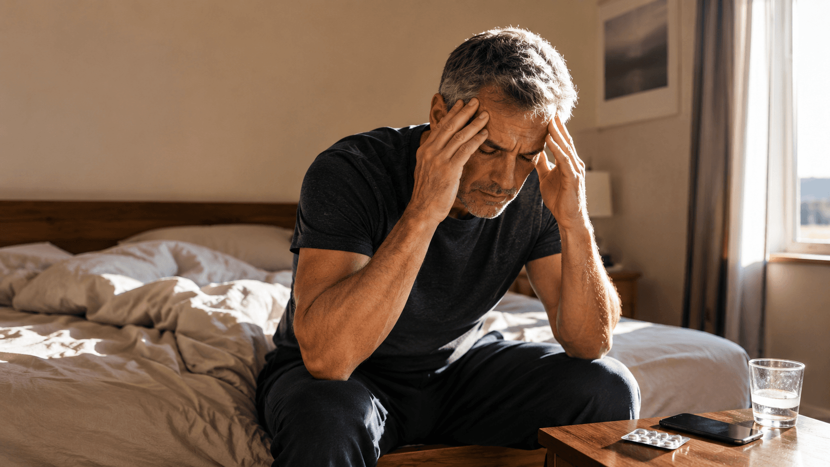 A silver-haired man past 40 sitting on the edge of his bed the morning after drinking, hands pressed to his temples, a glass of water, a phone and a packet of paracetamol on the bedside table — capturing the next-morning state described in the timeline table: elevated cortisol, suppressed testosterone, raised ghrelin, dehydration and impaired muscle protein synthesis after a single fragmented night