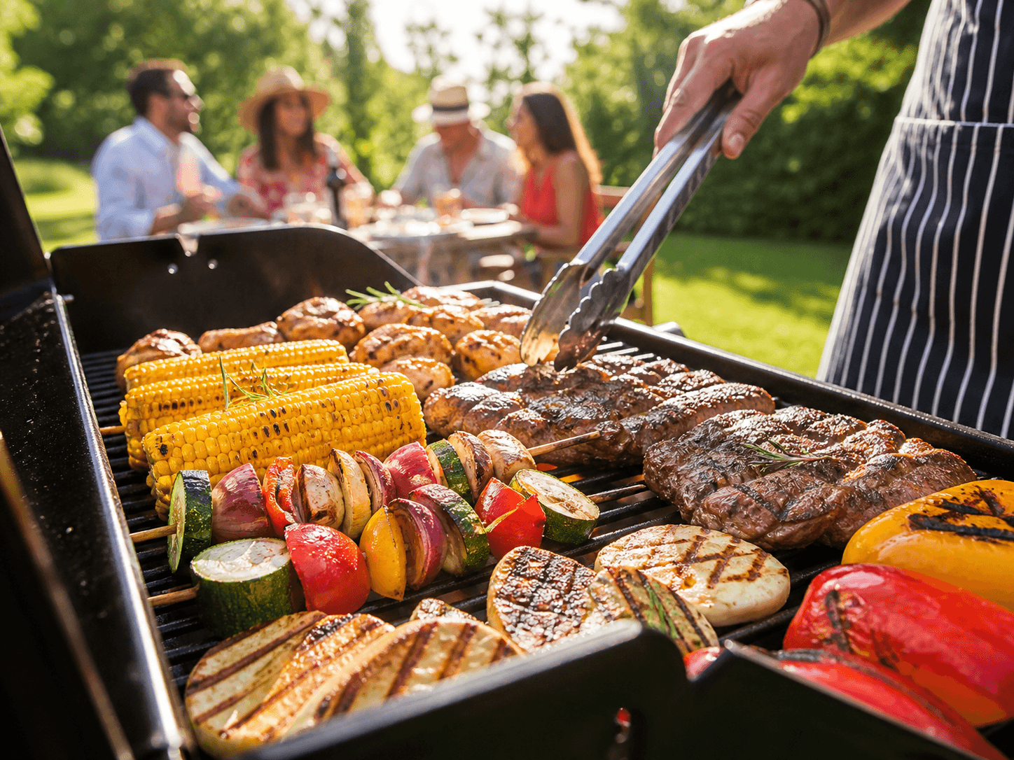 Outdoor summer BBQ scene with grilled meats, halloumi, corn on the cob, peppers, and vegetable skewers in warm natural lighting