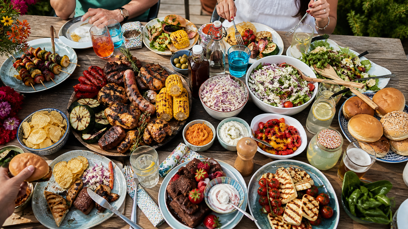 Top-down view of an overloaded BBQ table spread with burgers, sausages, crisps, dips, desserts, and multiple drinks