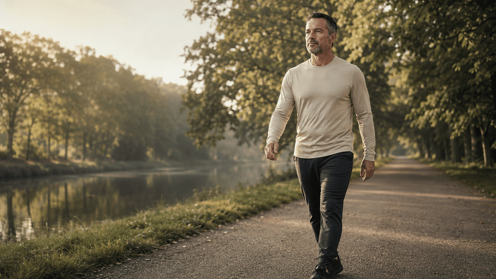 A lean, silver-haired man walking along a quiet tree-lined canal path in soft early-morning light, illustrating the active-recovery and low-stress lifestyle work — walks, sleep, hydration, stress management — that lets the body adapt and grow between training sessions after 40