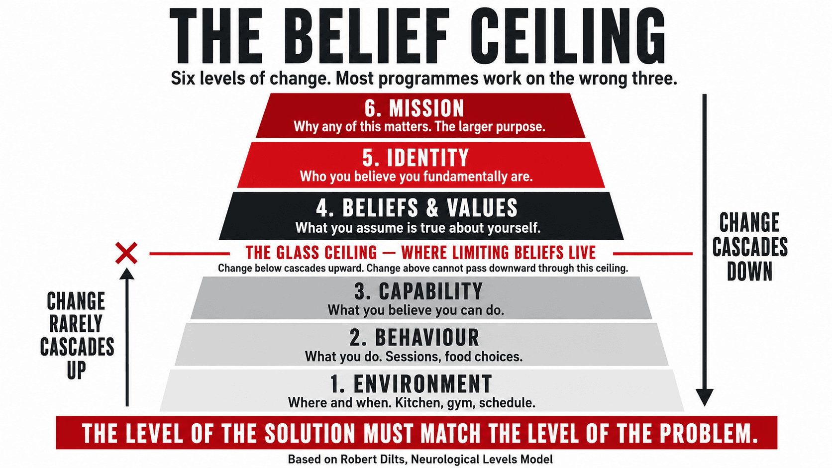 The Neurological Levels model shown as a pyramid — mission and identity at the top cascading down through beliefs, capability, behaviour, and environment — with a glass ceiling between beliefs and behaviour
