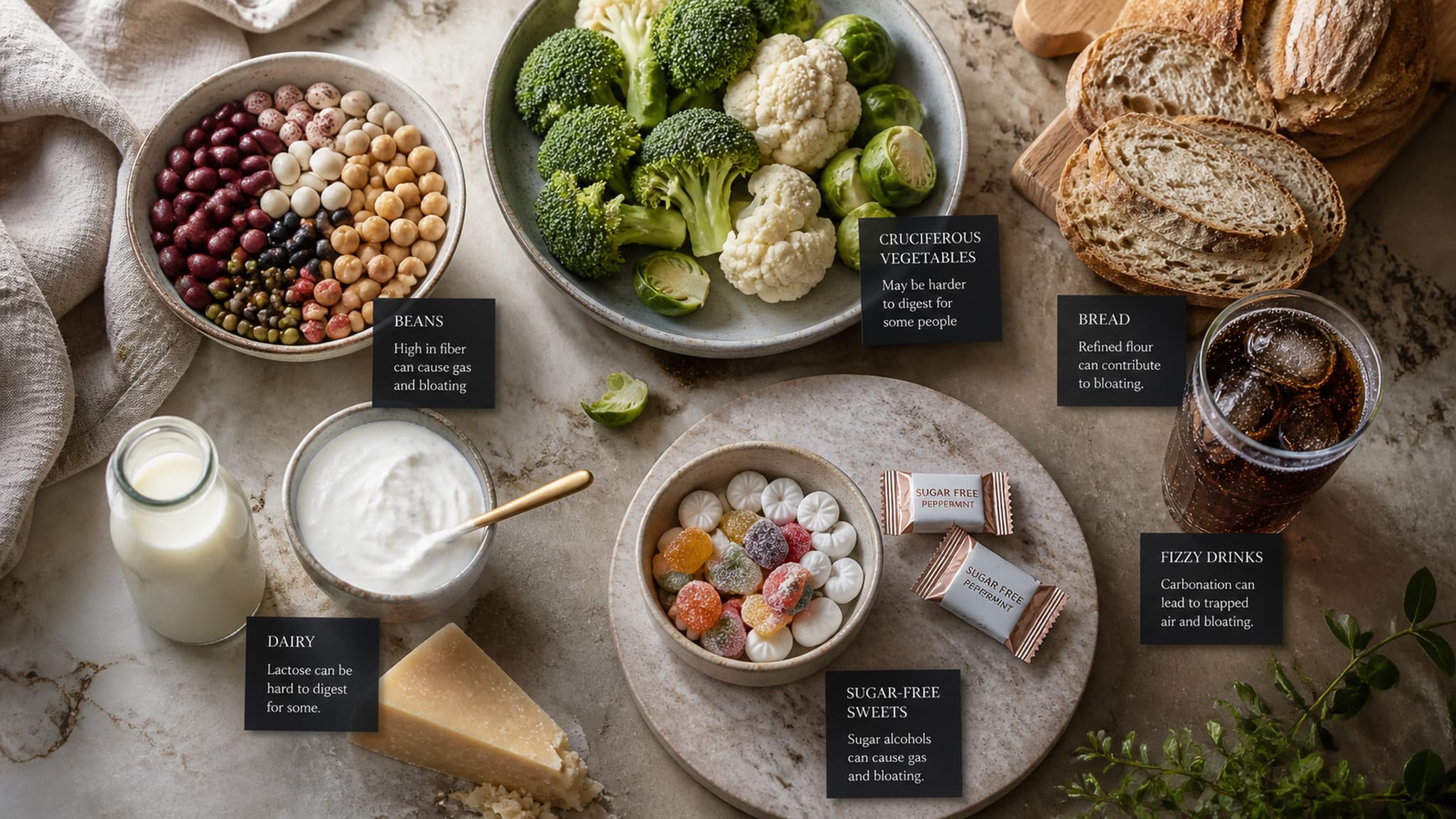 Common foods associated with bloating including beans, cruciferous vegetables, and whole grains