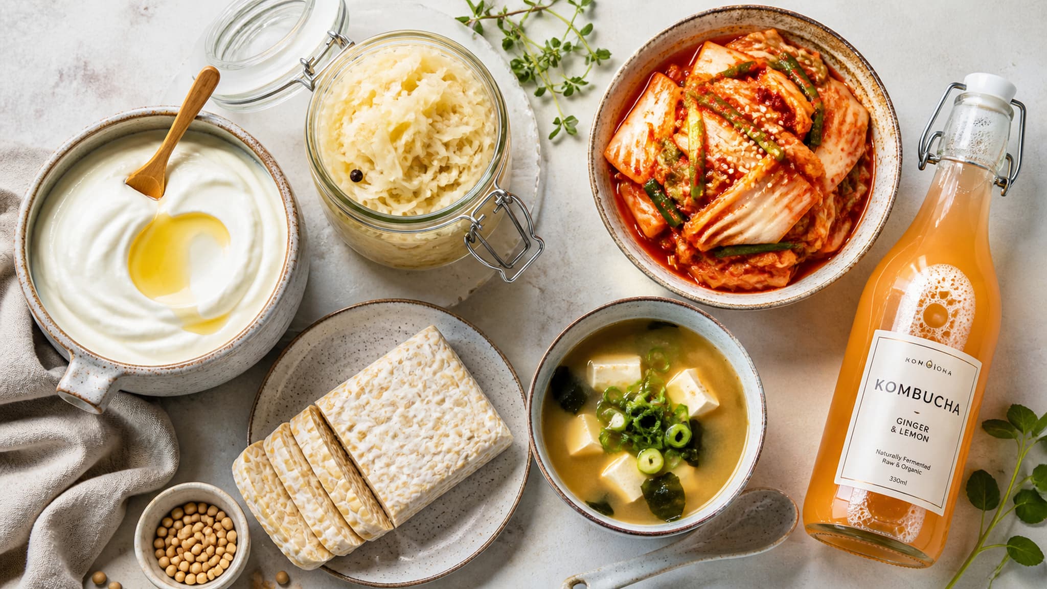 A selection of fermented foods including kimchi, yoghurt, and sauerkraut that support gut microbiome balance