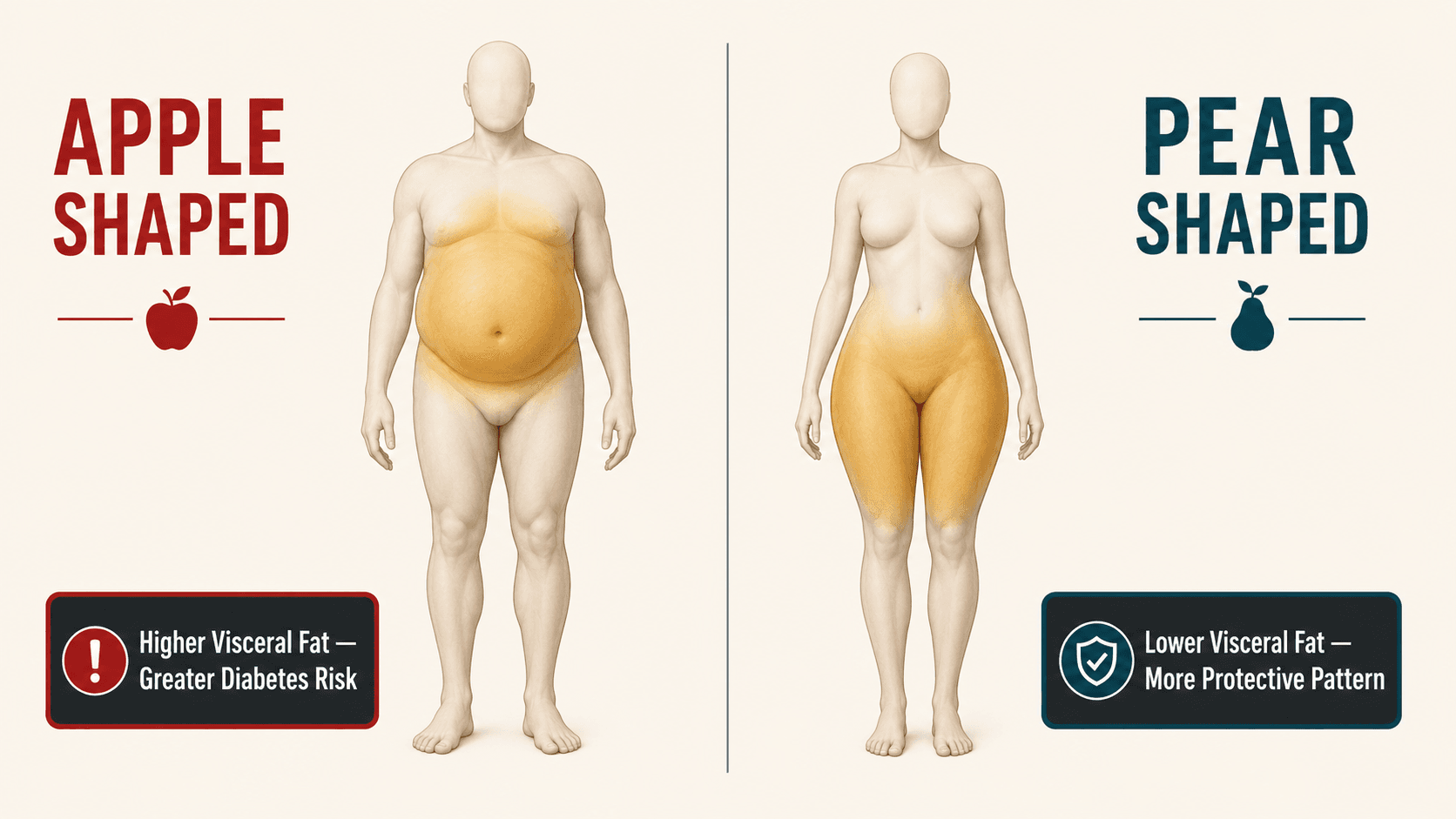 Side-by-side comparison of apple-shaped abdominal fat distribution versus pear-shaped lower-body fat distribution and their contrasting metabolic risk profiles