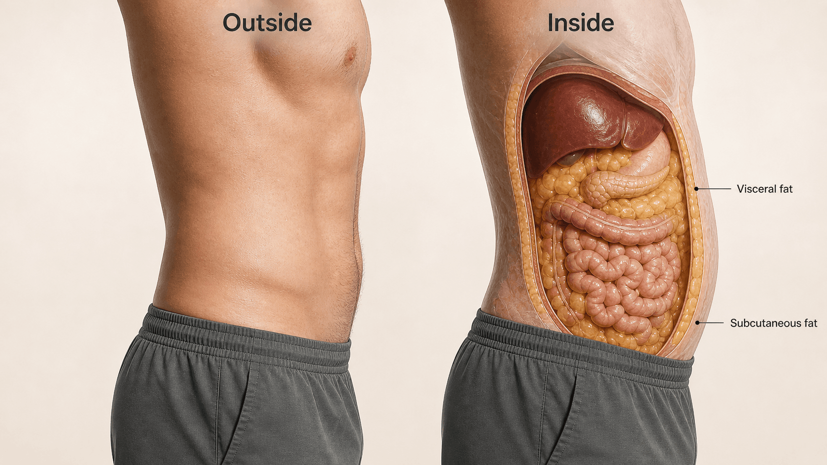 Close-up of waist measurement illustrating the difference between subcutaneous and visceral fat