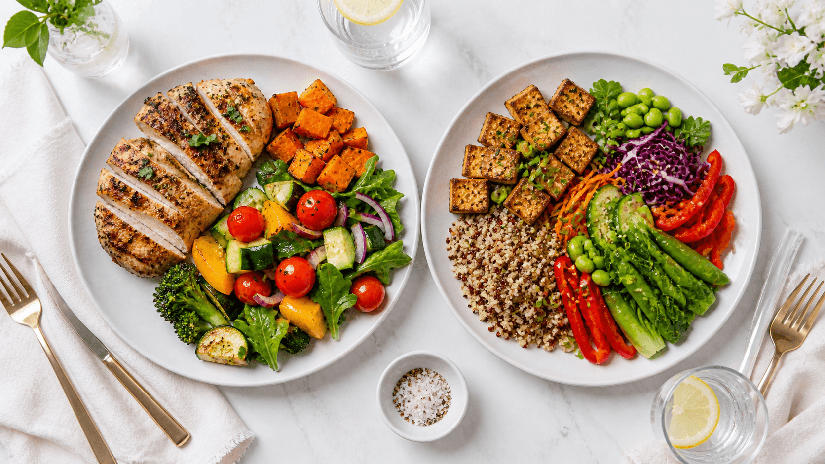 A balanced lower-carbohydrate meal with generous protein, colourful vegetables, and a small portion of complex carbohydrates