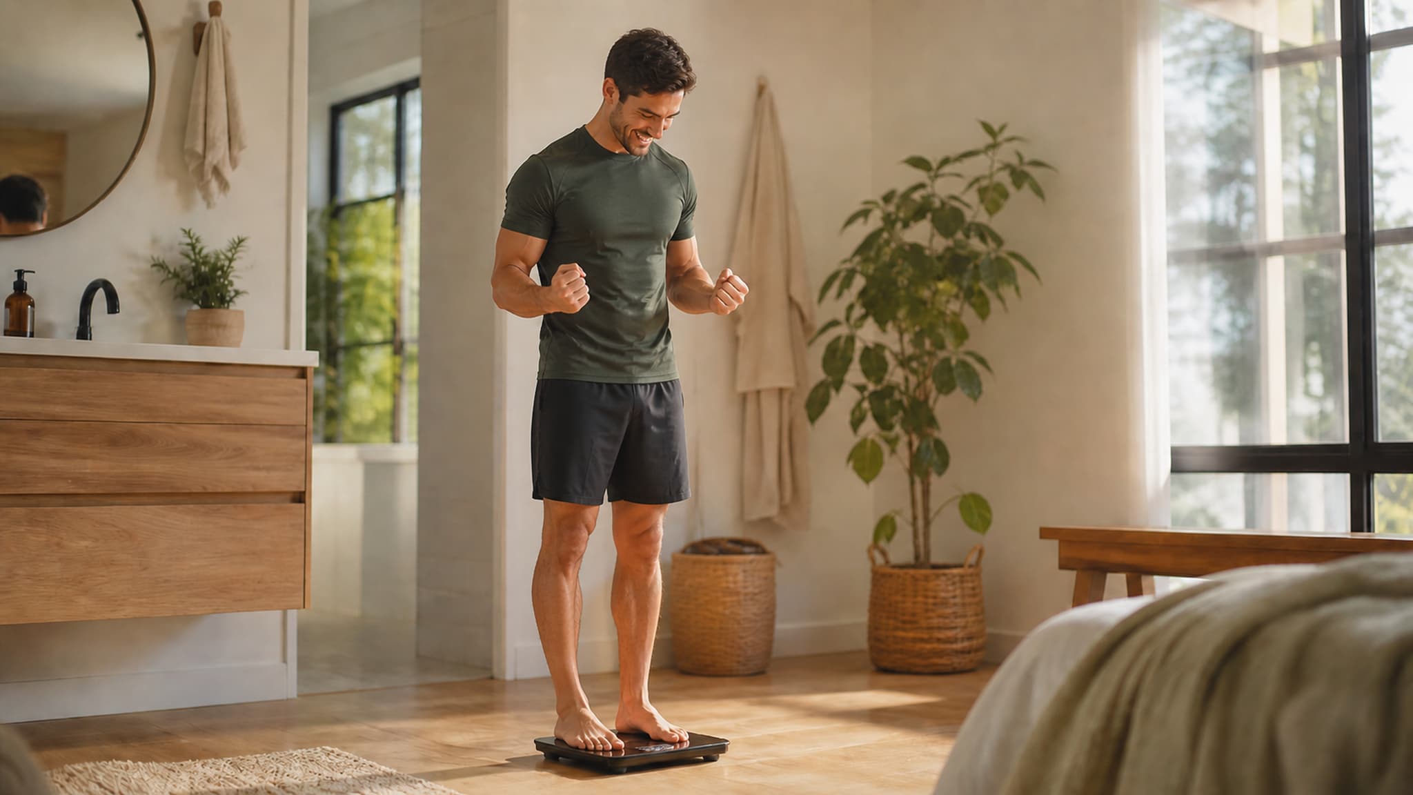 A person standing on a scale, motivated by early progress at the start of a fat loss programme