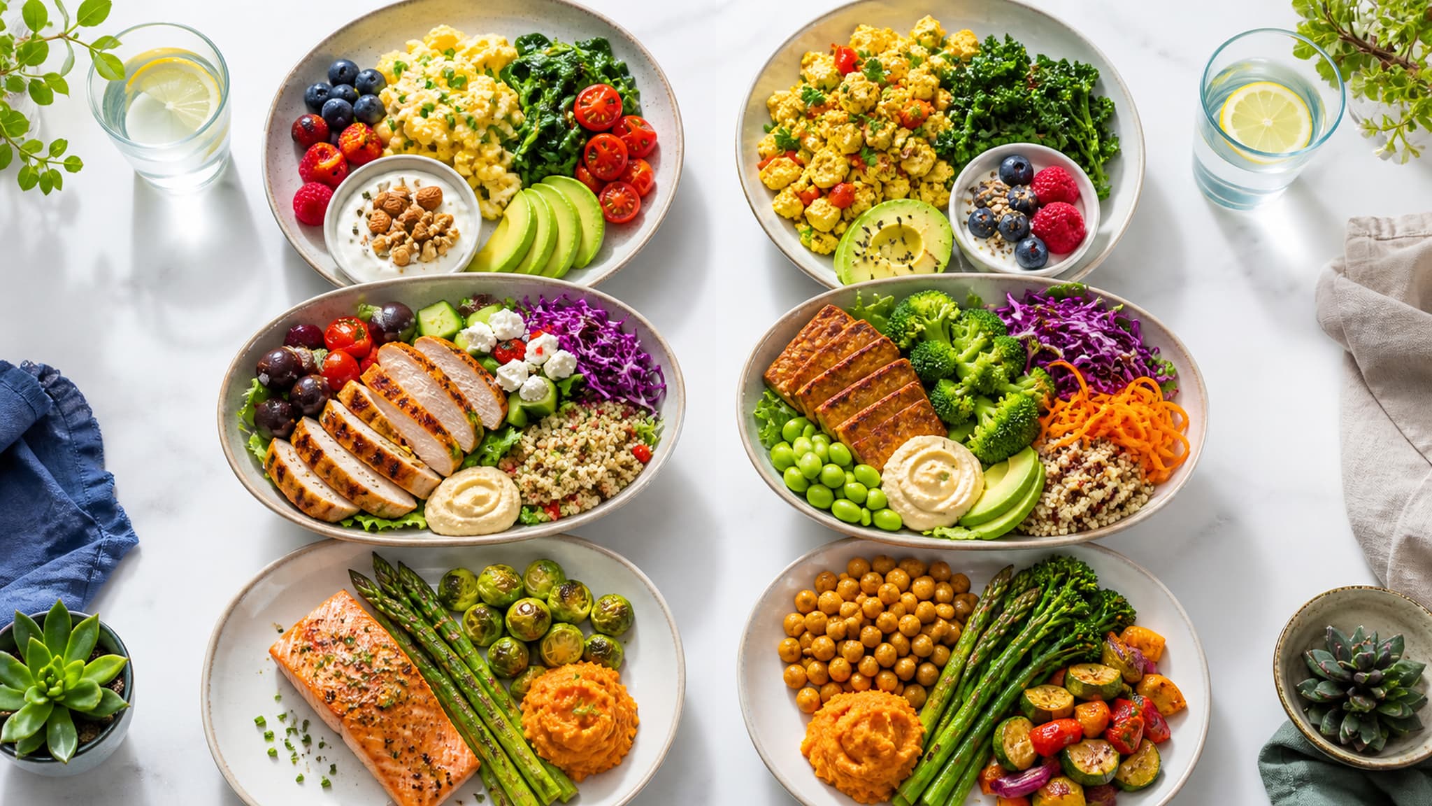 Balanced, protein-rich meals representing a full day of eating during a short term carb reduction phase