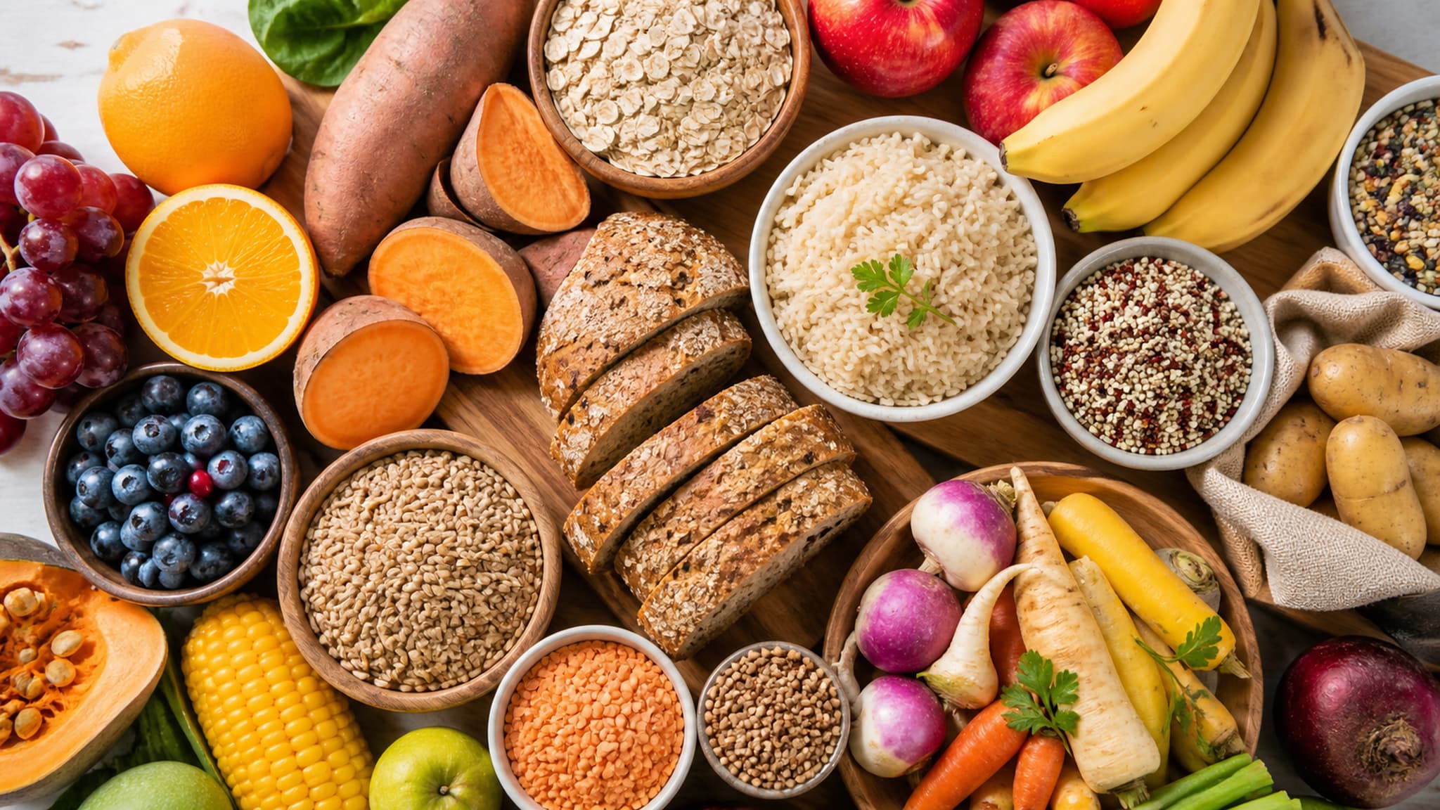A vibrant spread of carbohydrate-rich whole foods including sweet potatoes, oats, rice, bananas, quinoa, bread, lentils, fruit, and root vegetables arranged on a wooden surface