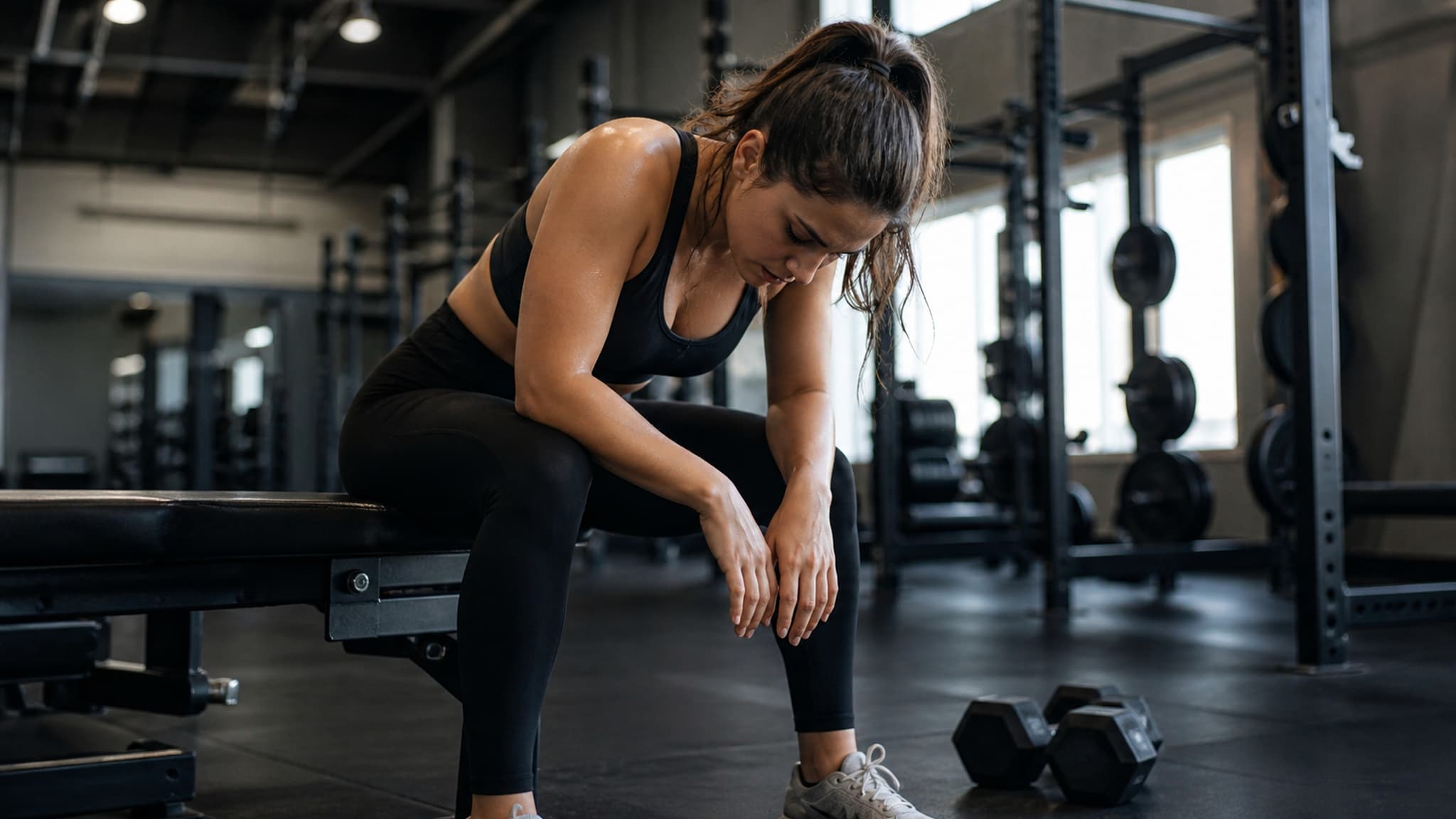 A person mid-workout in a gym, illustrating how depleted glycogen from chronic carbohydrate restriction impairs training performance and recovery