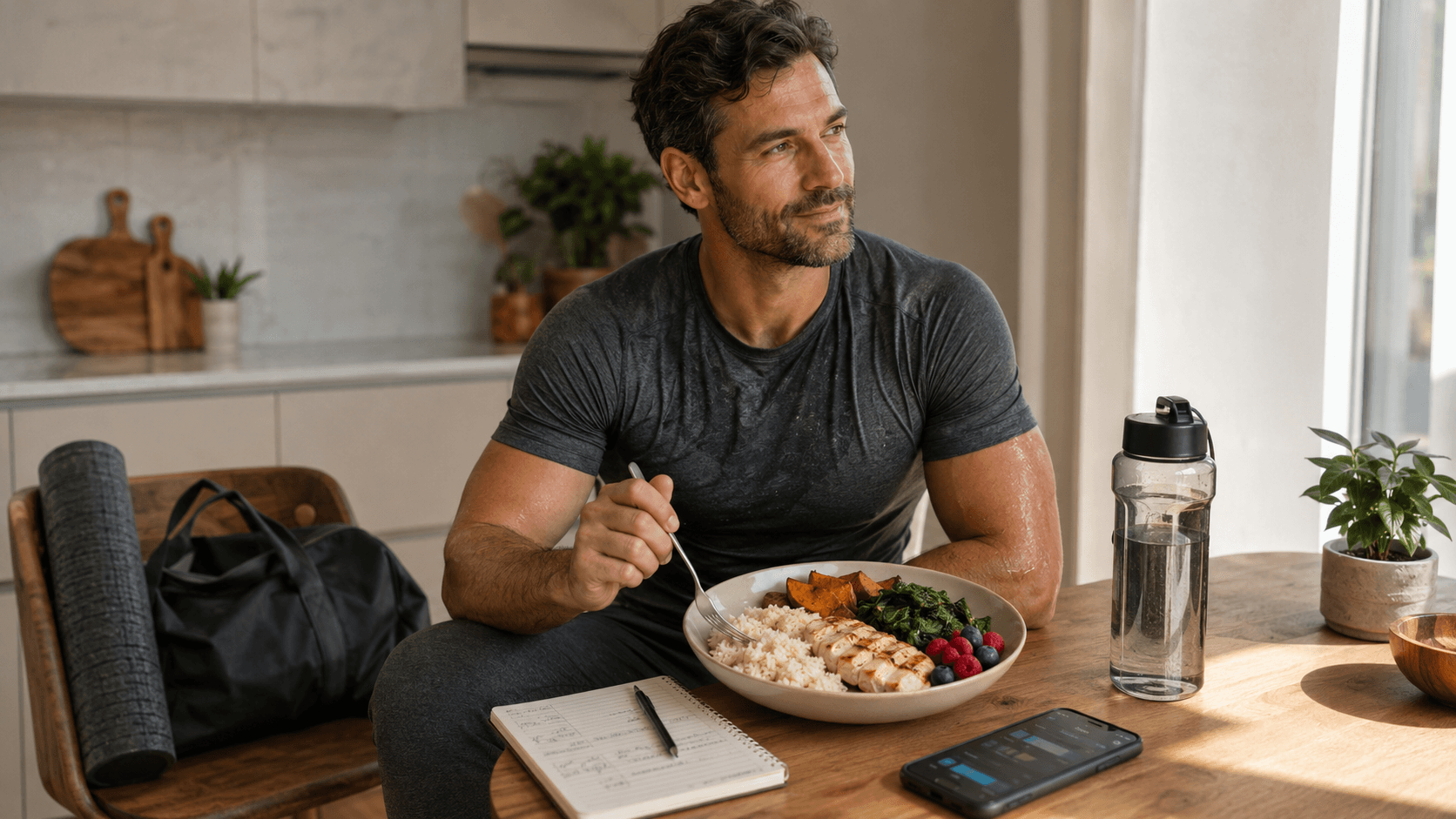 A relaxed athletic man in a kitchen sitting down to a balanced bowl of rice, grilled chicken, roasted vegetables, and berries, with a notebook of training notes, a water bottle, a phone, and a gym bag and foam roller nearby, illustrating carbohydrates used as a tool around training