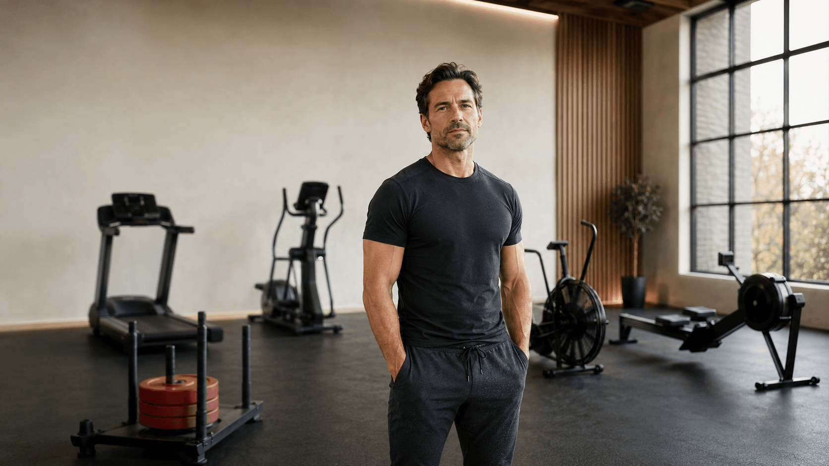 Tanvir Rayet standing in a modern gym surrounded by cardio equipment including a treadmill, elliptical, rower and assault bike