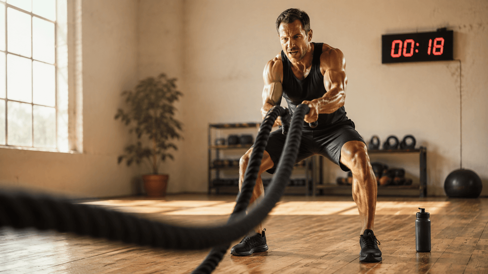 A man performing a HIIT battle ropes session in a sunlit gym with an interval timer counting down on the wall, illustrating the high intensity end of the cardio comparison