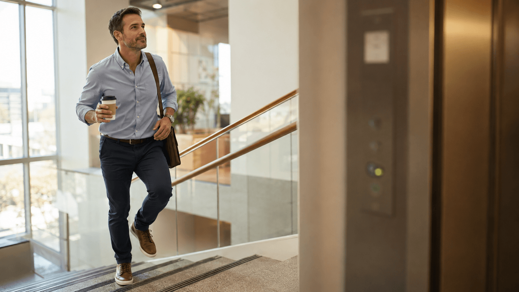 A man taking the stairs in an office lobby instead of the lift while carrying a coffee, illustrating how everyday NEAT choices add up to meaningful daily calorie burn