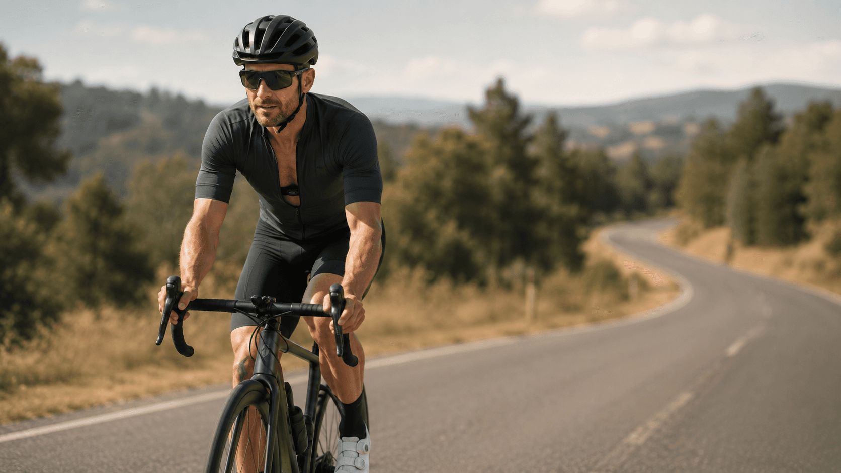 A road cyclist riding through open countryside, illustrating the kind of sustained Zone 2 effort that builds capillary density and improves oxygen delivery to working muscle
