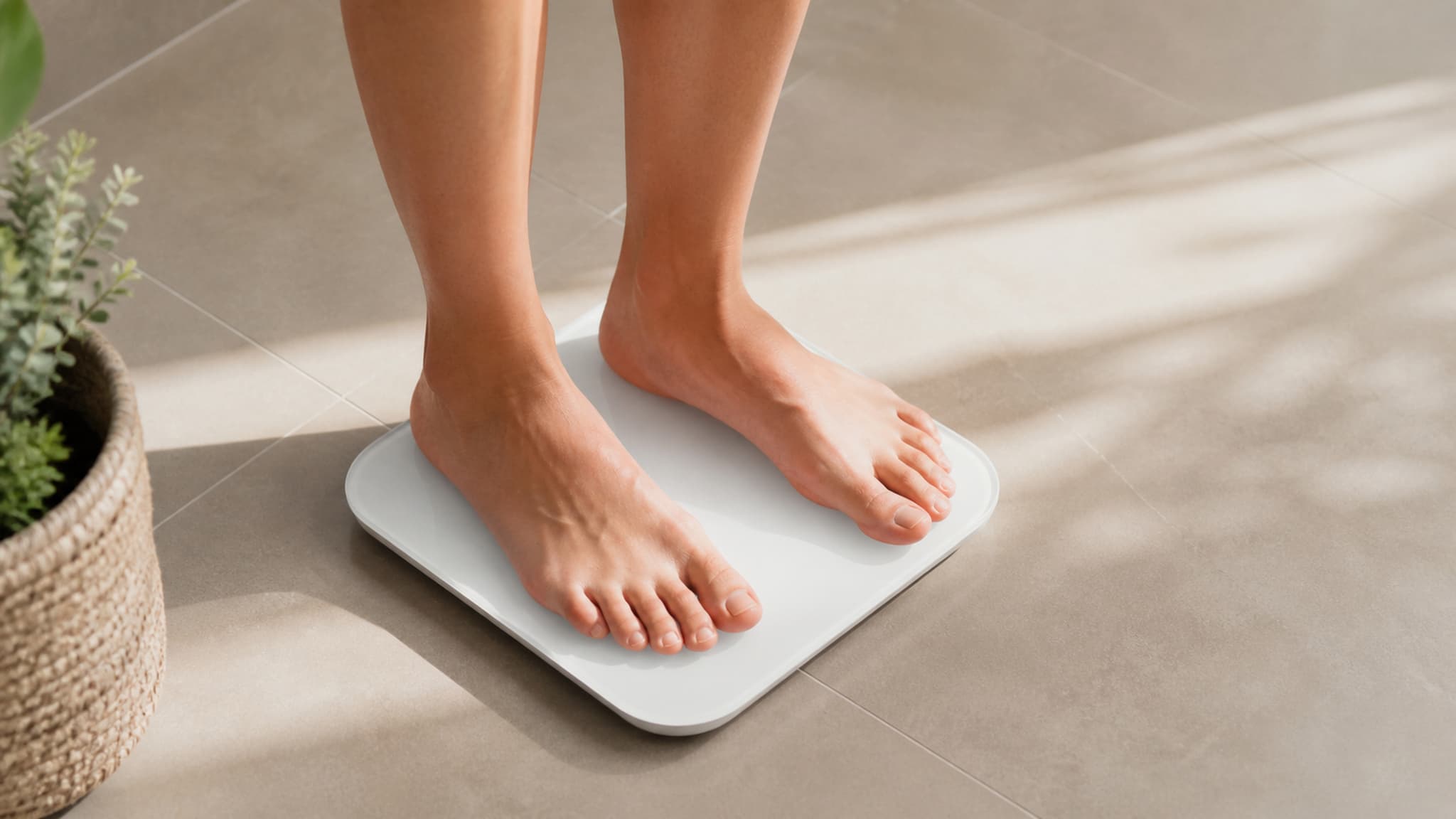 Person standing on a bathroom scale assessing progress during a fat loss phase