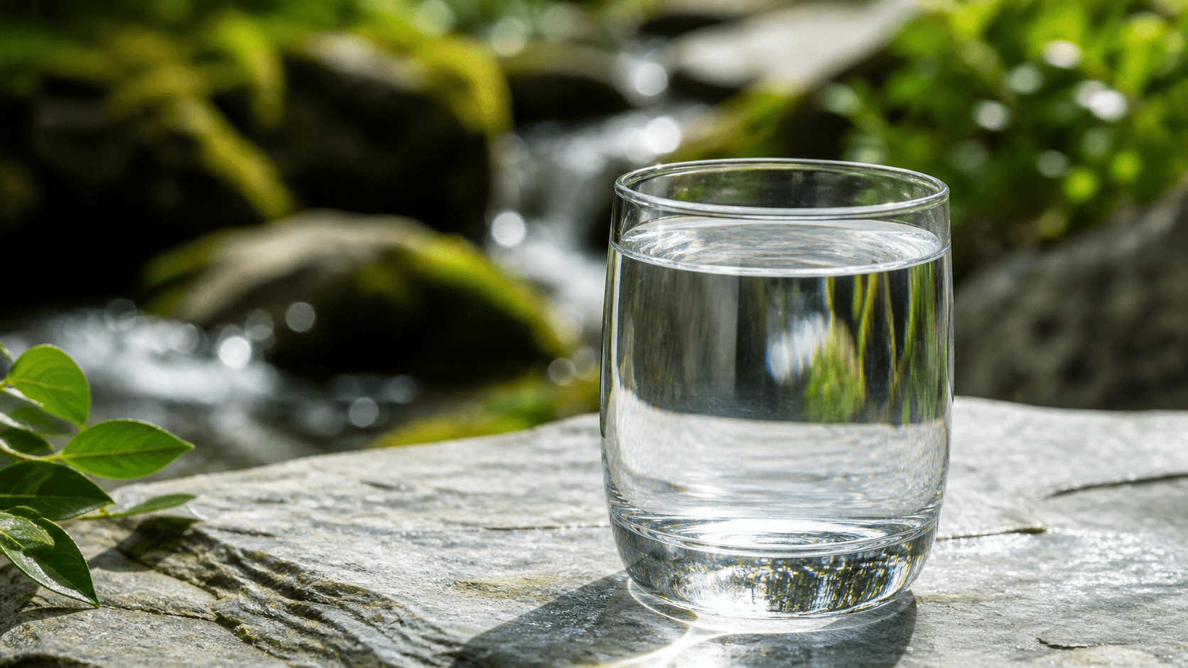 Clean glass of pure water resting on a natural stone surface with a backdrop of flowing water and greenery