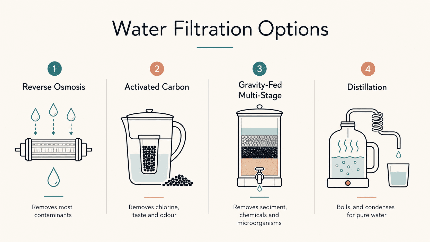 Comparison chart of water filtration options including reverse osmosis, activated carbon, gravity-fed multi-stage filters, and distillation systems