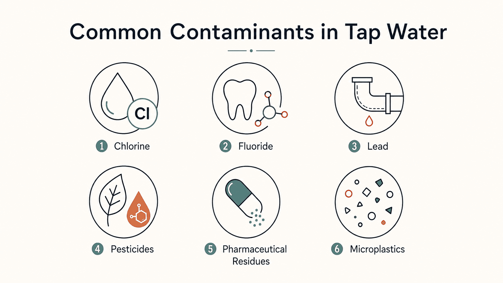 Infographic showing common contaminants found in UK tap water including chlorine, heavy metals, and pharmaceutical residues