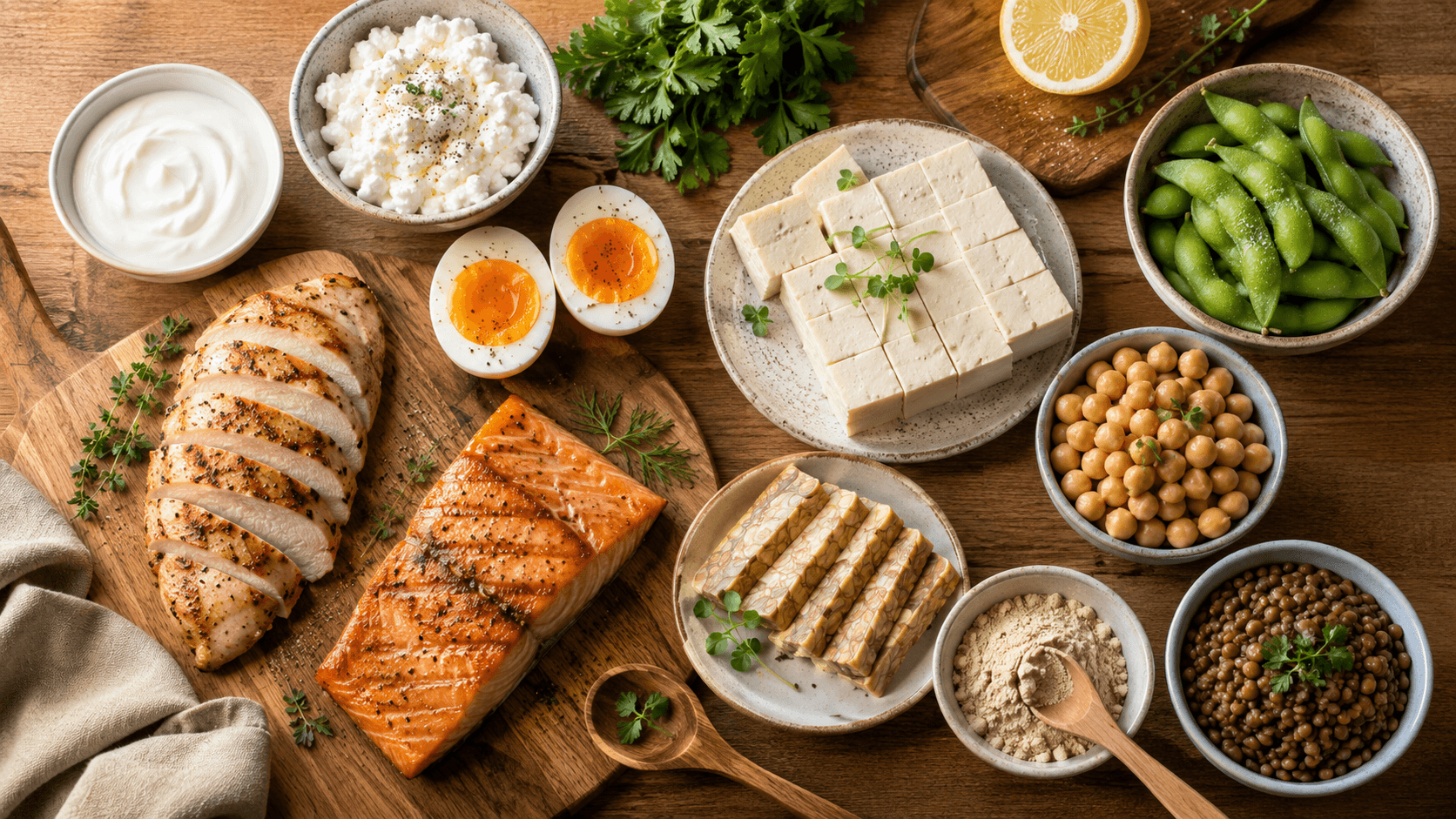 High protein meals from diverse dietary backgrounds — chicken, fish, tofu, tempeh, lentils, chickpeas, and eggs achieving the 1.6 to 2.2g per kg daily target for muscle preservation during fat loss