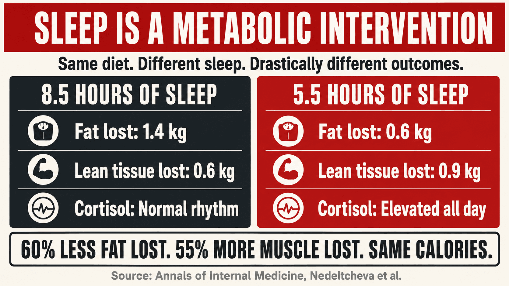 Chart illustrating the devastating impact of sleep deprivation on cortisol levels and fat loss outcomes