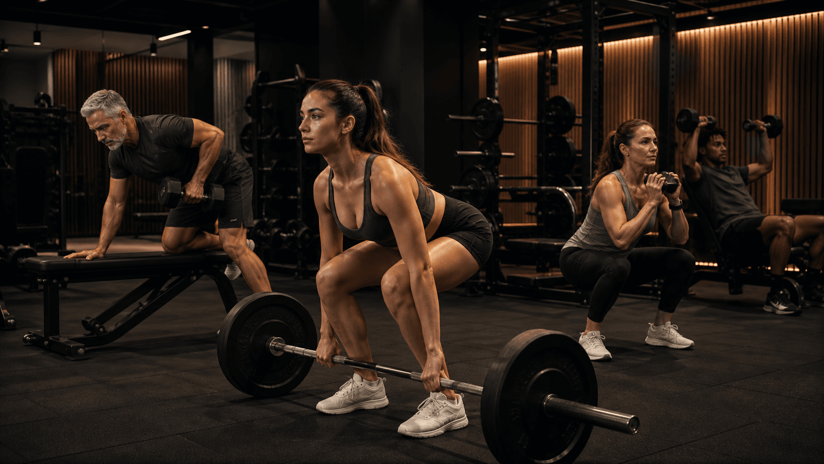 A diverse group of people training in the gym, representing the wide range of individuals who benefit from creatine supplementation