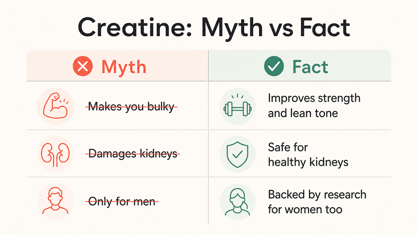 Myth vs fact visual showing common creatine myths crossed out alongside evidence-based facts