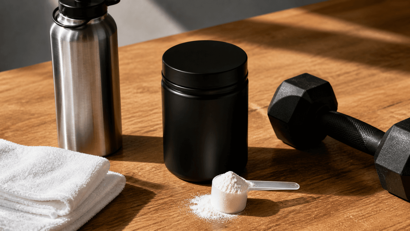 A scoop of creatine monohydrate powder next to a water bottle and gym equipment, representing simplicity and consistency