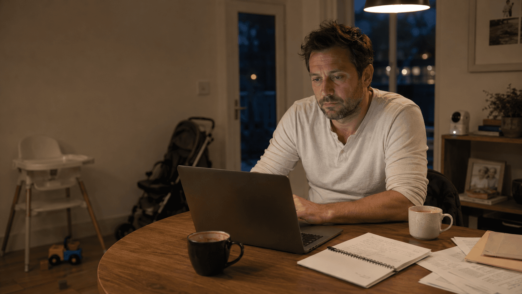 A tired father working late on a laptop at a dimly lit kitchen table after the children are in bed, a coffee mug and notebook beside him and a baby high chair and pram in the background — capturing the chronic sleep loss, evening screen time, raised cortisol and reduced exercise that the research links directly to post-baby weight gain and visceral fat accumulation