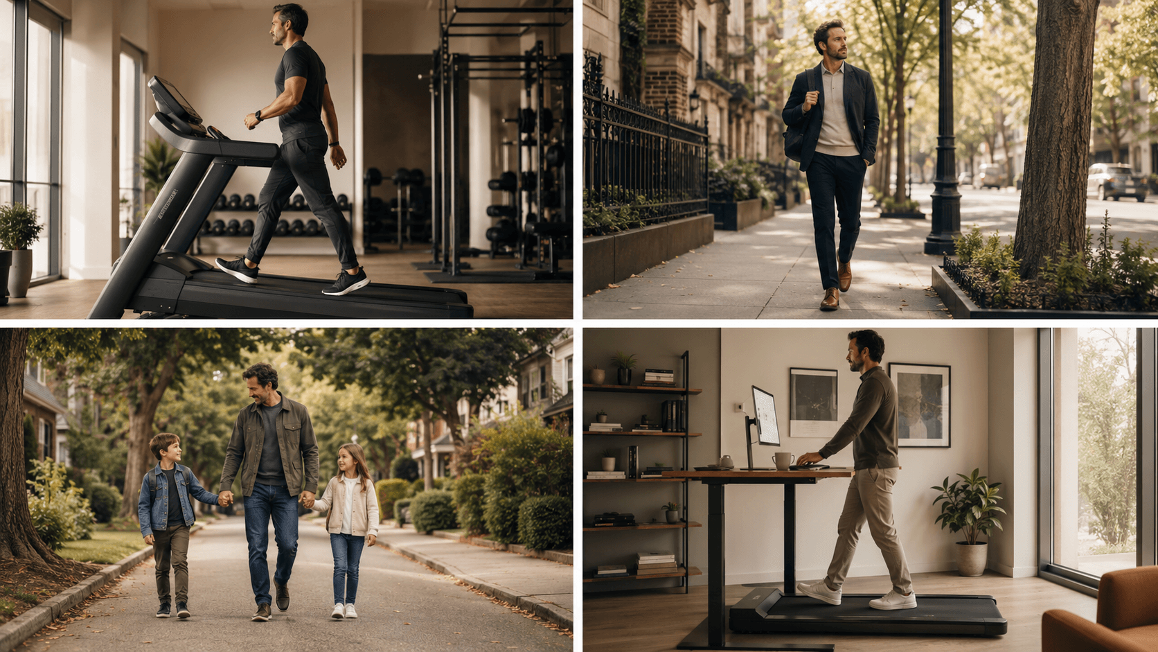 Diverse group of people walking in various settings such as a park, office stairs, and city streets