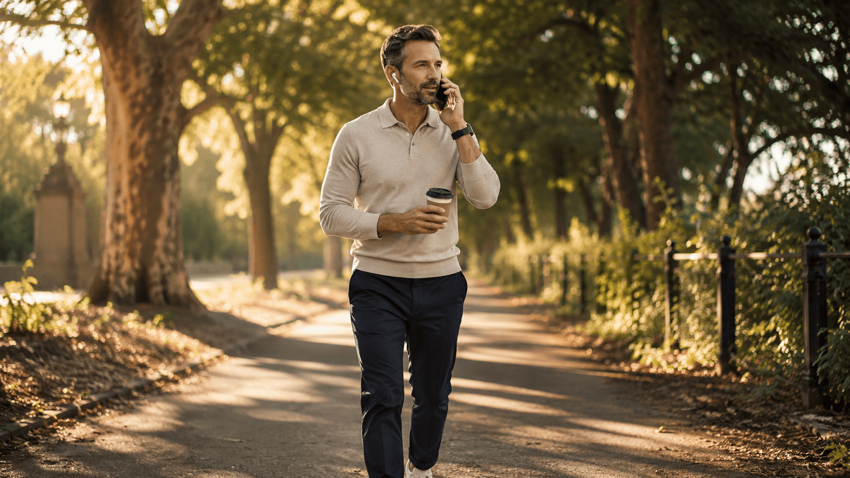Person taking a walking meeting outdoors or listening to a podcast while walking in a park