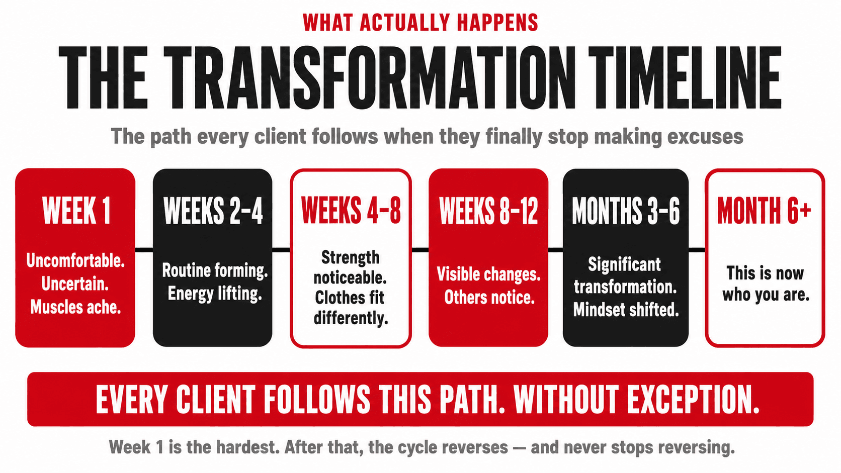 Infographic titled 'What Actually Happens — The Transformation Timeline — the path every client follows when they finally stop making excuses' showing six horizontal milestones across the first six months of training: Week 1 (uncomfortable, uncertain, muscles ache), Weeks 2 to 4 (routine forming, energy lifting), Weeks 4 to 8 (strength noticeable, clothes fit differently), Weeks 8 to 12 (visible changes, others notice), Months 3 to 6 (significant transformation, mindset shifted), Month 6+ (this is now who you are), closing 'Every client follows this path. Without exception. Week 1 is the hardest. After that, the cycle reverses — and never stops reversing.'
