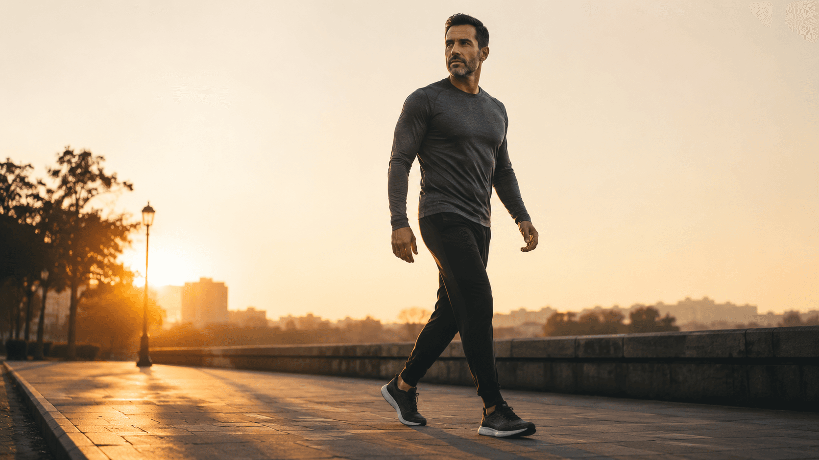 A man walking briskly along an empty city street at sunrise, illustrating a typical fasted morning cardio session — the practical reality behind the fasted versus fed debate this article unpacks