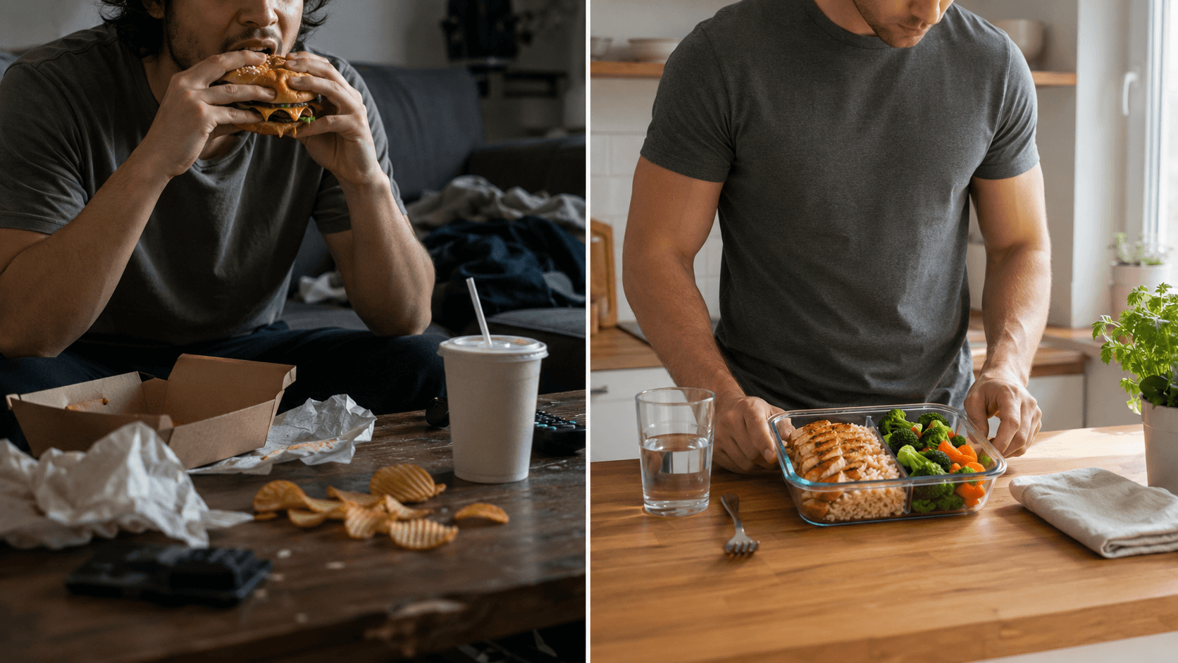 Split image contrasting someone making excuses on the sofa with someone actively training and meal prepping