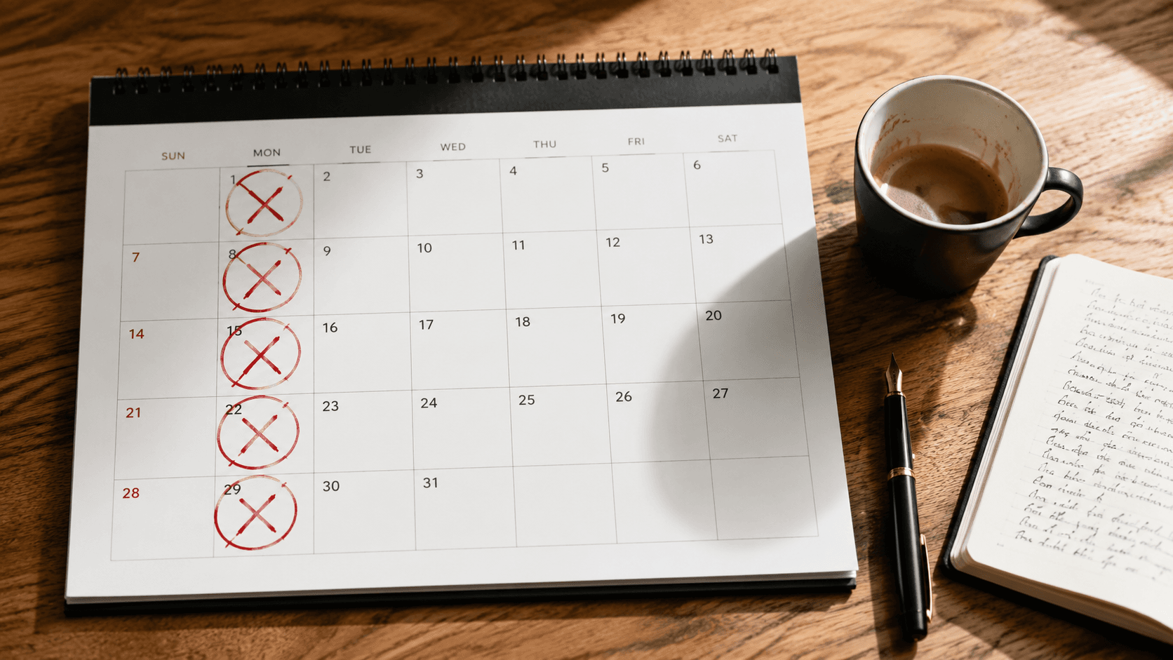 Calendar showing repeated Monday start dates crossed out, representing the cycle of failed diet attempts and lack of accountability