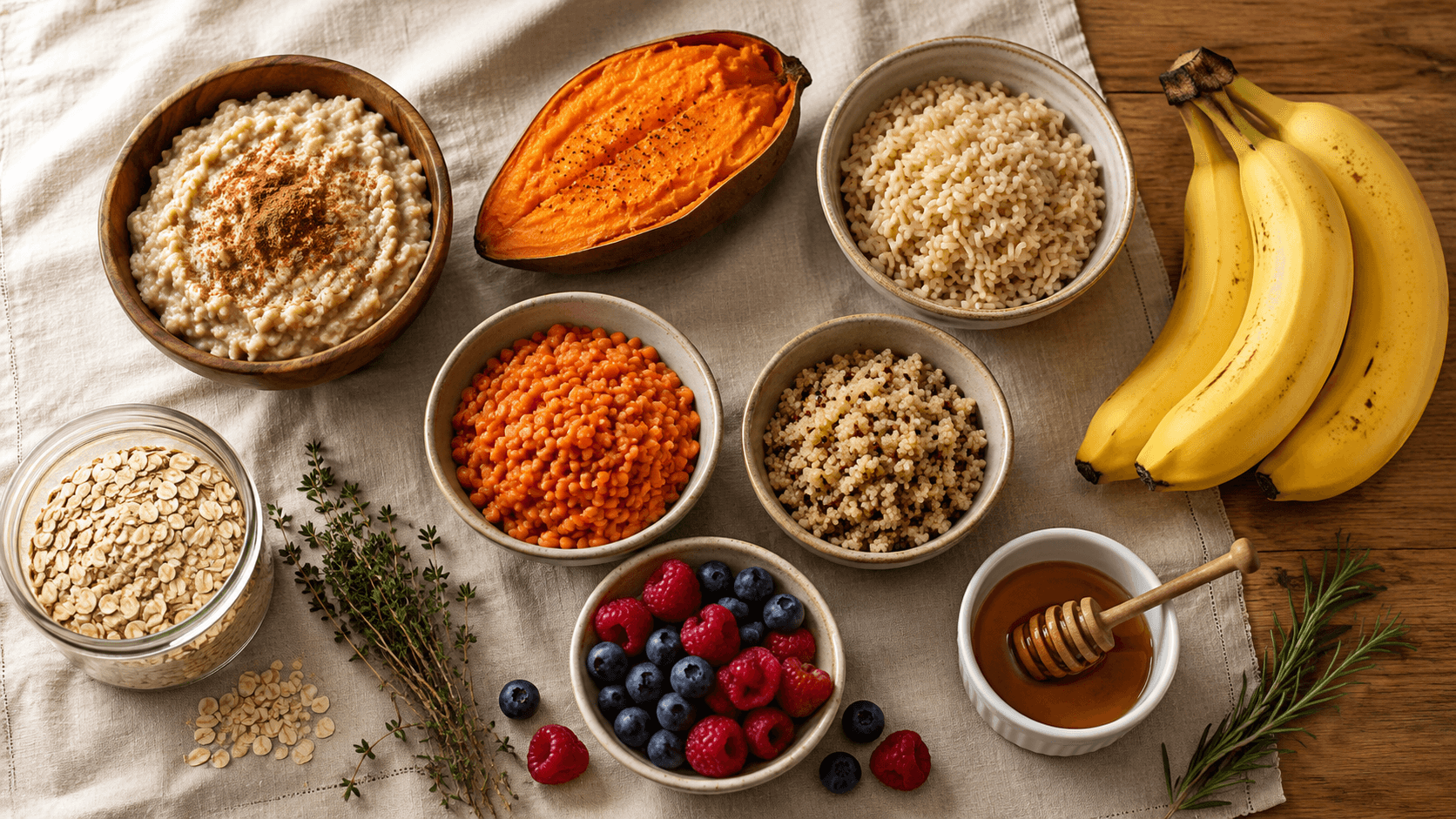 Quality carbohydrate sources — oats, sweet potatoes, brown rice, and legumes that support training and fat loss