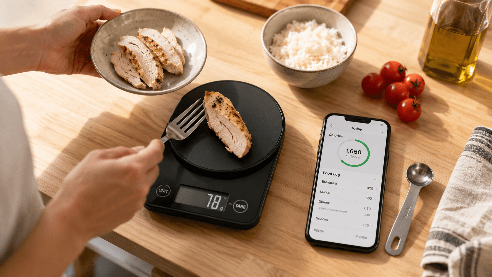 Person weighing food on a digital kitchen scale next to a tracking app on their phone to capture hidden calories