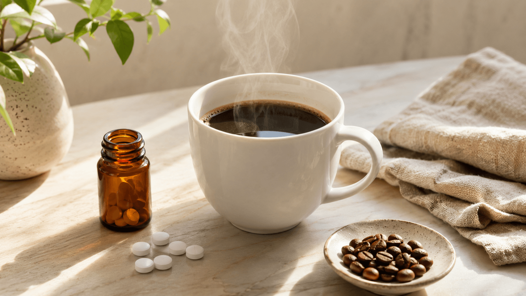 A steaming cup of black coffee beside an open amber bottle of plain caffeine tablets and a small dish of coffee beans, illustrating cost-effective caffeine sources versus expensive fat burner blends