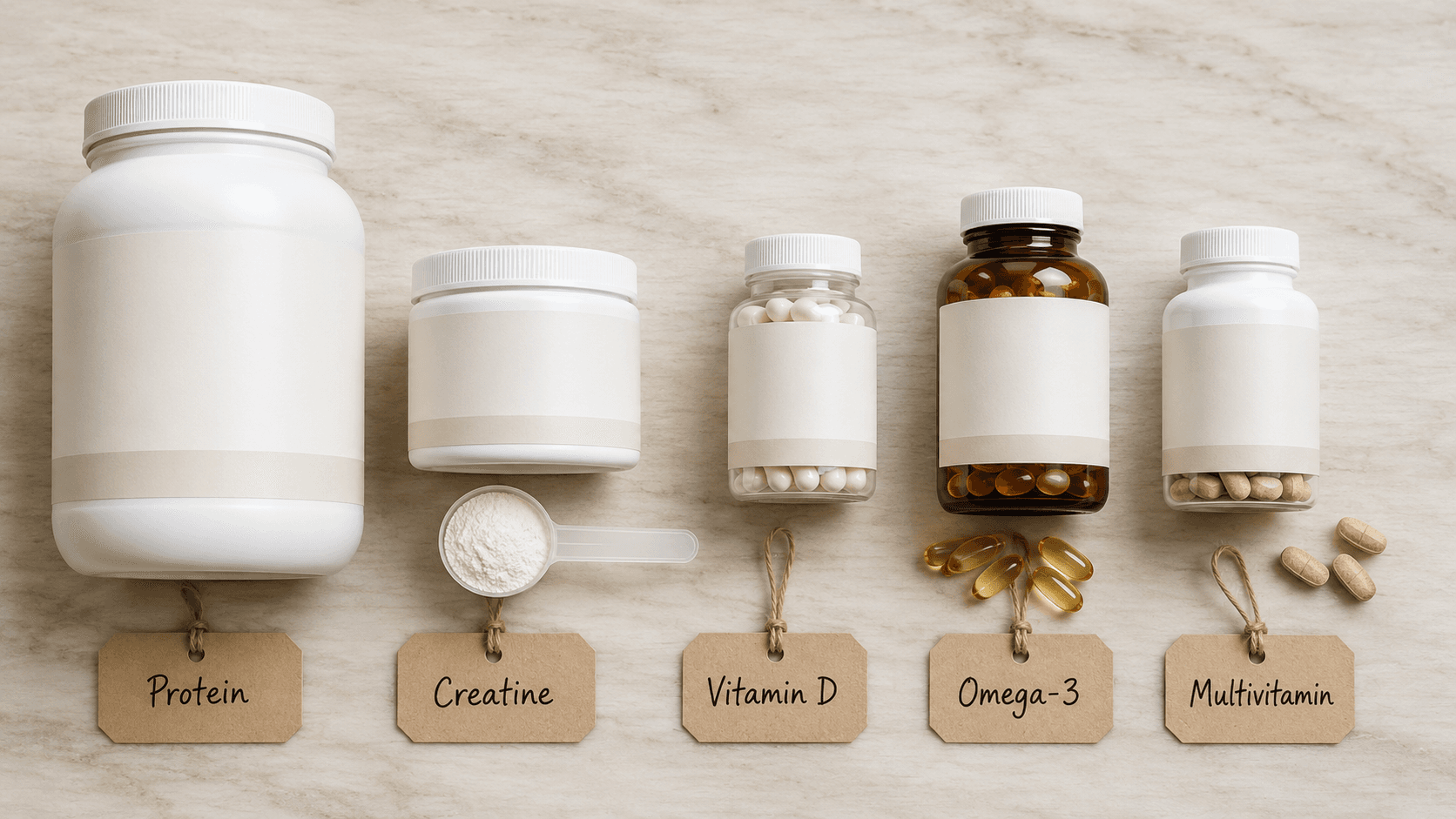 A clean lineup of foundational supplements with handwritten labels: protein powder tub, creatine, vitamin D capsules, omega-3 softgels, and a multivitamin