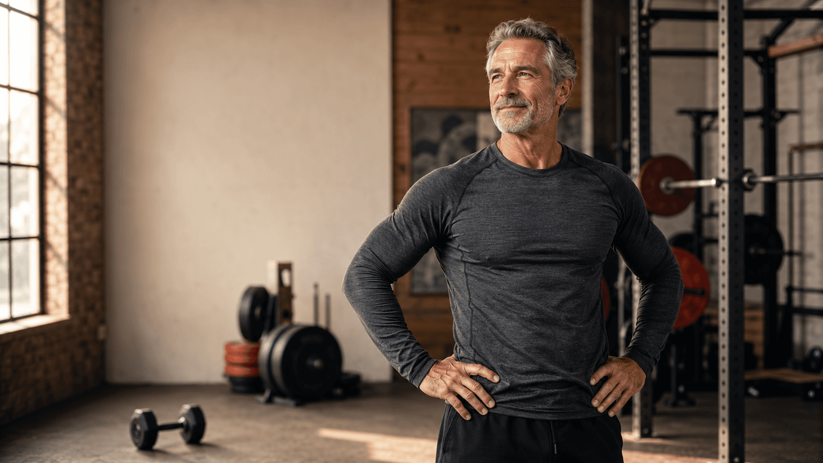 A fit, calm man in his 60s standing in a sunlit gym with dumbbells, barbells and a kettlebell behind him, embodying the central message of this guide that the sixties can be a decade of strength, health and independence