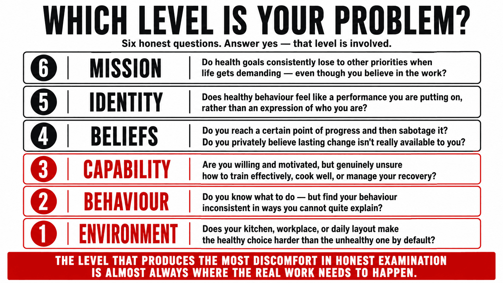 A six-question self-diagnostic tool — one question per neurological level — designed to identify which level is the actual source of a person's health challenge