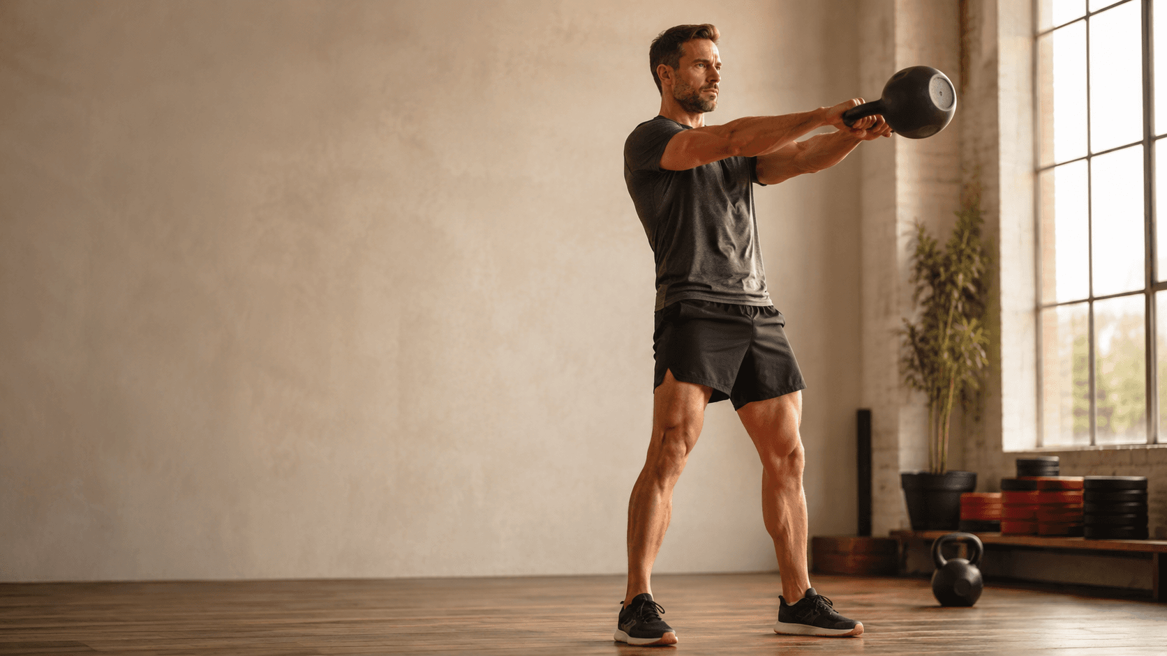 Athlete performing a kettlebell complex exercise, illustrating the full-body conditioning workout that burns up to 20 calories per minute