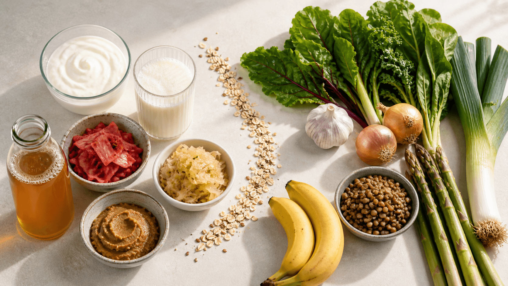 A vibrant overhead flat lay of fermented and whole foods representing gut health and the gut-brain connection