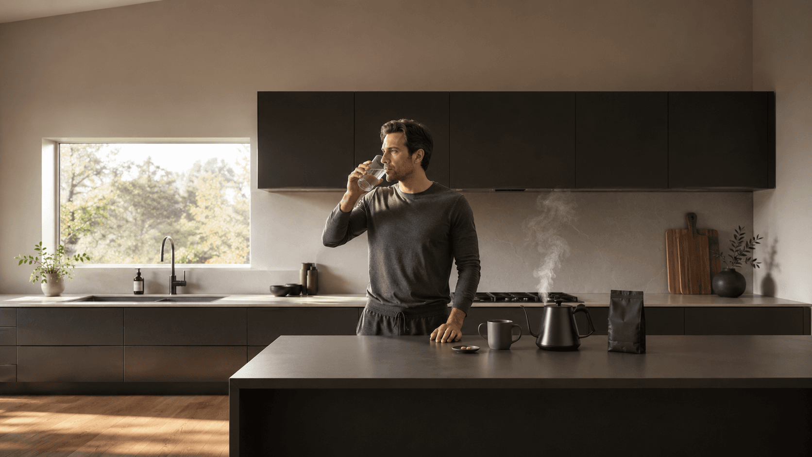 A chain of daily habits linked together — morning coffee triggering water, supplements, and movement — illustrating how anchor behaviours build a complete health routine without willpower