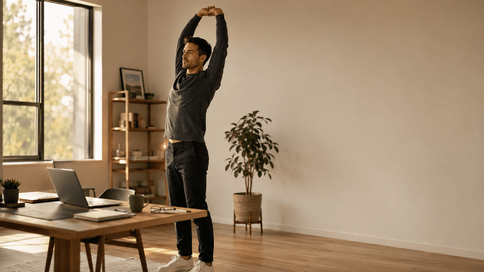 A man in his 30s standing up from his home desk to stretch overhead, taking a brief movement break beside his laptop, illustrating the micro-movements that break up prolonged sitting throughout the working day