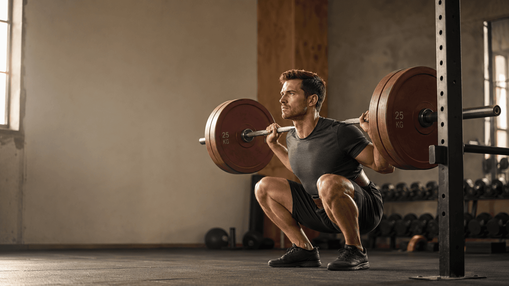 A man in his 30s at the bottom of a deep barbell back squat in the gym with controlled form, illustrating the case for investing in proper technique and resistance training now to build a strong foundation for the decades ahead