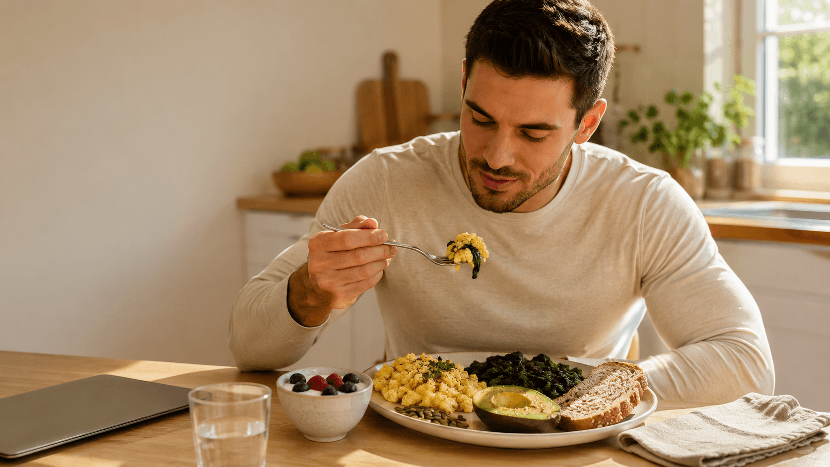 A man in his 30s eating a high-protein breakfast at a sunlit kitchen table — scrambled eggs, sauteed greens, avocado, berries and sourdough — illustrating the simple breakfast swap that adds 25 to 35 grams of protein to the daily intake
