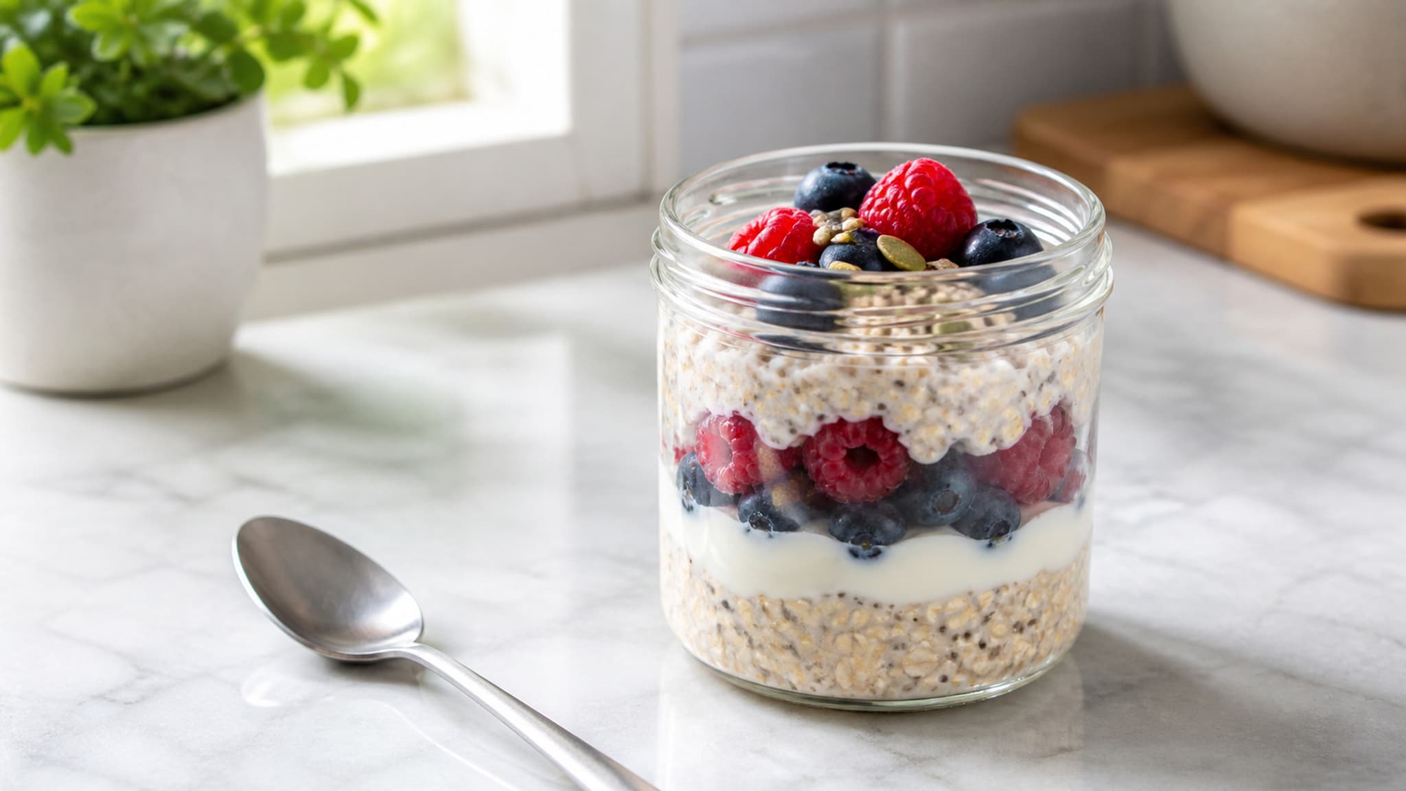 Overnight protein oats layered with oats, yoghurt, and berries